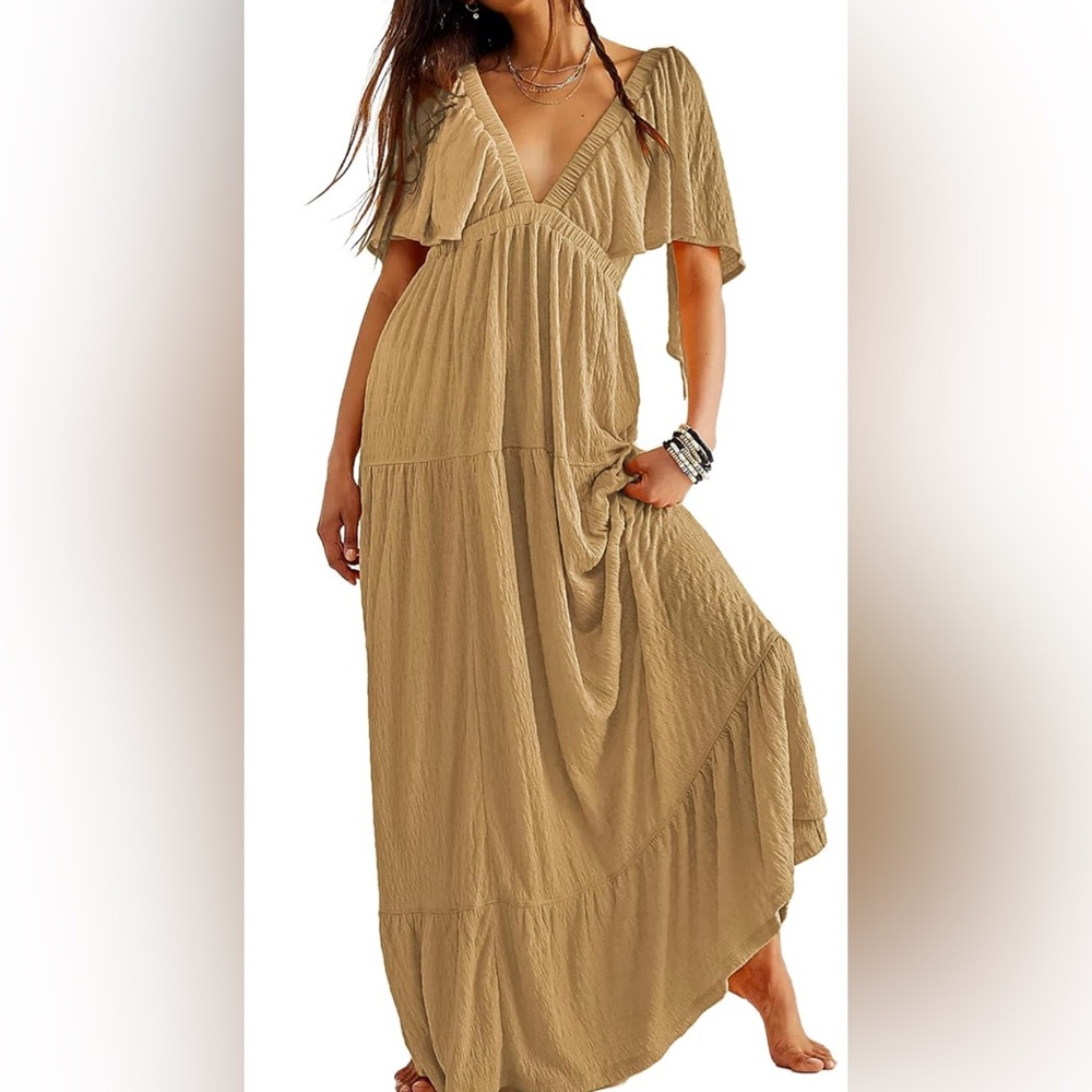 Women's Beige Maxi Dress with Deep V-Neck